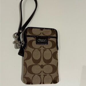 Coach Signature Tan and Brown Phone Wristlet